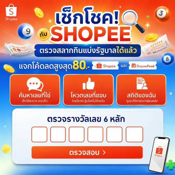 โปรโมชั่น เช็กโชค! กับ Shopee ตรวจสลากกินแบ่งรัฐบาลได้แล้ว แจกโค้ดลดสูงสุด 80.- จาก Shopee